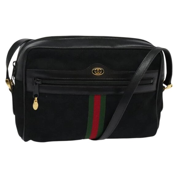 GUCCI GG Canvas Web Sherry Line Shoulder Bag Black Gold 37 0124071 Auth 125109 - Picture 1 of 15